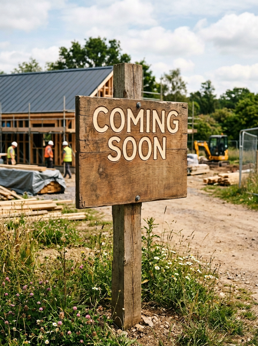 Wooden sign reading 'Coming Soon The Red Oak Cafe Opening Summer 2024' at a construction site with workers in the background